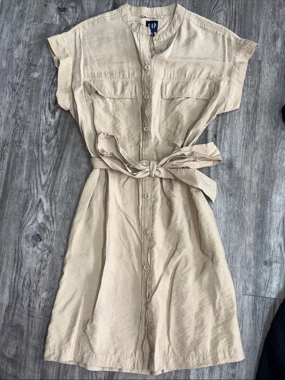 GAP Beige Tan  Gold Button-Front Shirt Dress with Tie Belt